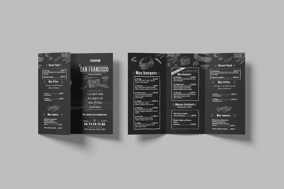 Dépliant - Menu 2 plis - Six faces 5 Dépliant six volets du restaurant San Francisco à Verdun – création graphique par Damien Kiernozek