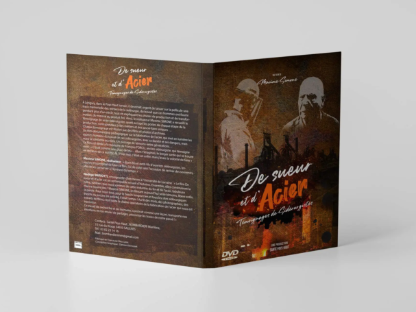Vue 3D du digipack DVD « De sueur et d’Acier » conçu par Studio Les Carboucle – graphisme & création graphique à Thionville-Metz-Luxembourg