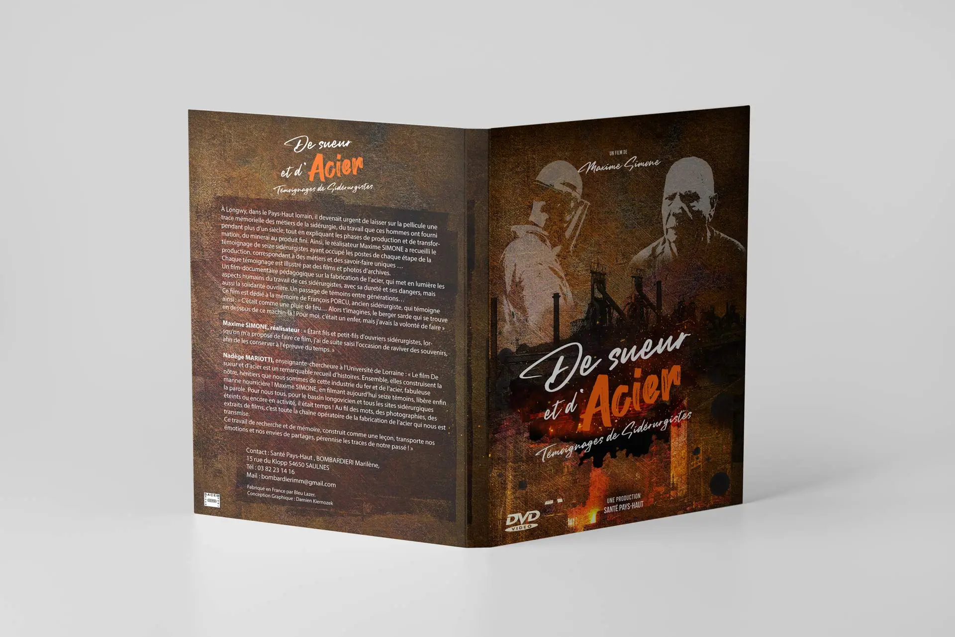 Vue 3D du digipack DVD « De sueur et d’Acier » conçu par Studio Les Carboucle – graphisme & création graphique à Thionville-Metz-Luxembourg