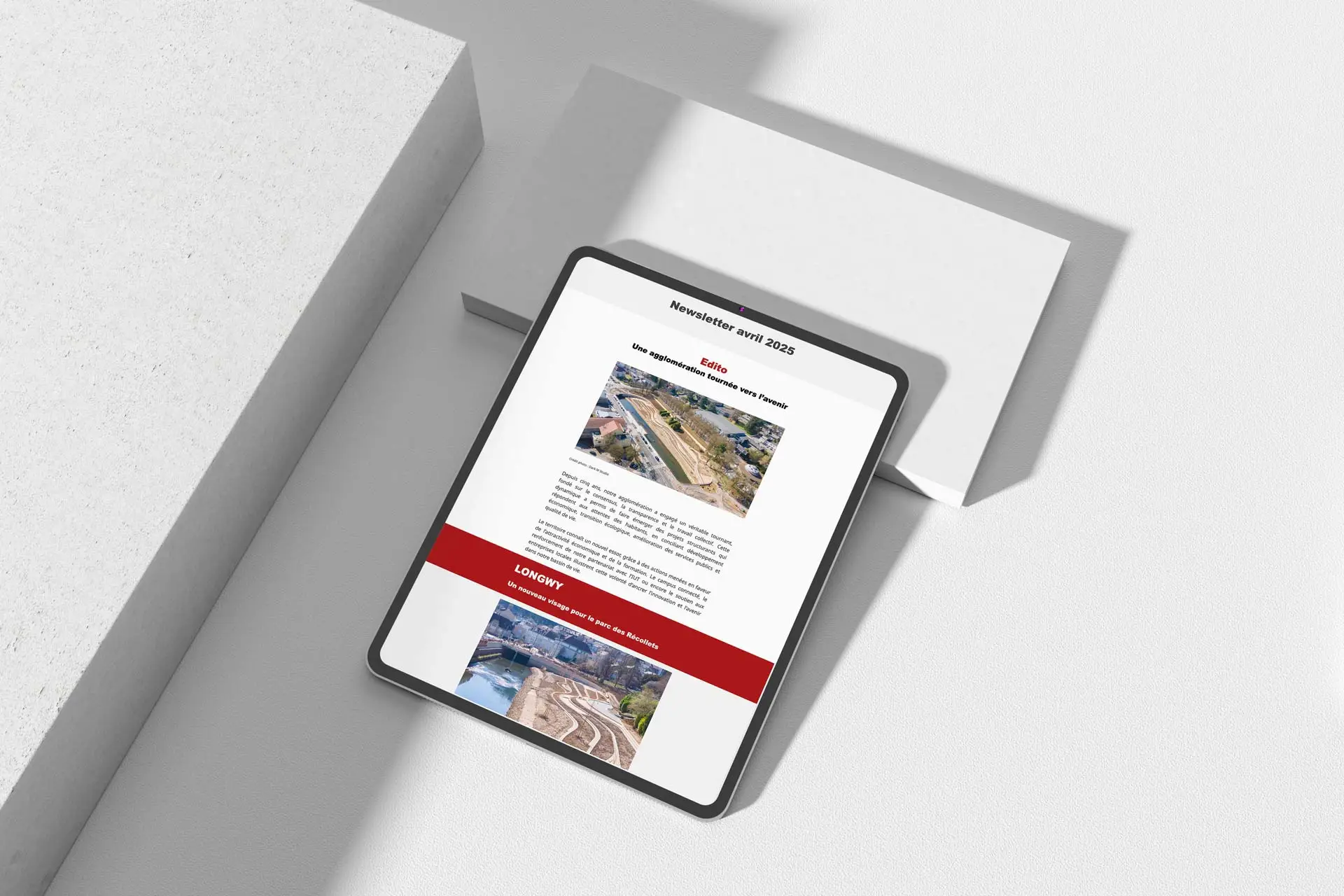 Mock-up sur iPad d’une newsletter avril 2025 – graphiste freelance à Thionville / Luxembourg