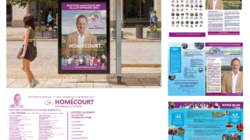 Exemples de supports graphiques réalisés pour la campagne municipale de Jean Toniolo à Homecourt en 2024 : affiches, bulletin officiel, profession de foi, photographie, mise en page, infographie. Conception par Damien Kiernozek, graphiste freelance à Thionville (Agence L’Escarboucle).
