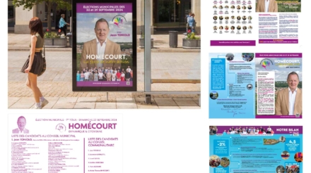 Exemples de supports graphiques réalisés pour la campagne municipale de Jean Toniolo à Homecourt en 2024 : affiches, bulletin officiel, profession de foi, photographie, mise en page, infographie. Conception par Damien Kiernozek, graphiste freelance à Thionville (Agence L’Escarboucle).