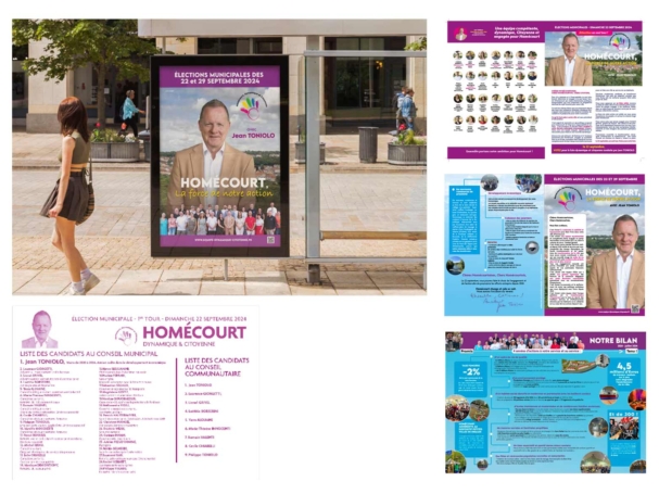 Exemples de supports graphiques réalisés pour la campagne municipale de Jean Toniolo à Homecourt en 2024 : affiches, bulletin officiel, profession de foi, photographie, mise en page, infographie. Conception par Damien Kiernozek, graphiste freelance à Thionville (Agence L’Escarboucle).