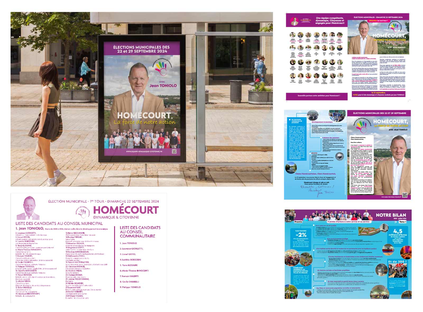 Exemples de supports graphiques réalisés pour la campagne municipale de Jean Toniolo à Homecourt en 2024 : affiches, bulletin officiel, profession de foi, photographie, mise en page, infographie. Conception par Damien Kiernozek, graphiste freelance à Thionville (Agence L’Escarboucle).