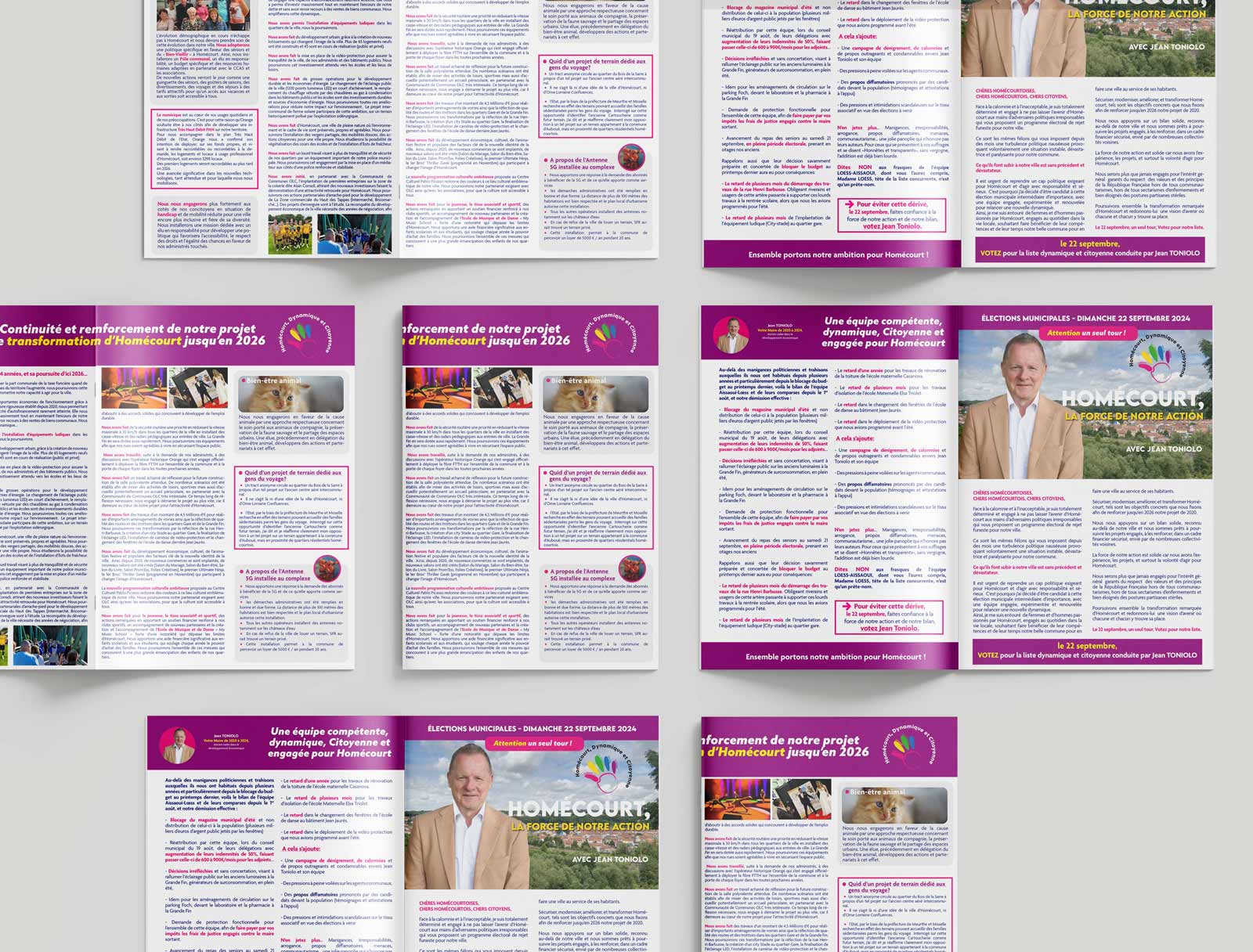 Candidats aux municipales 2026 ? Offrez une vraie signature visuelle à votre programme ! 4 Exemple de documents de campagne municipale réalisés pour Jean Toniolo en 2024 par un graphiste spécialisé en pré-presse à Thionville et Metz : profession de foi, bulletins de vote, flyers, affiches, roll-ups.