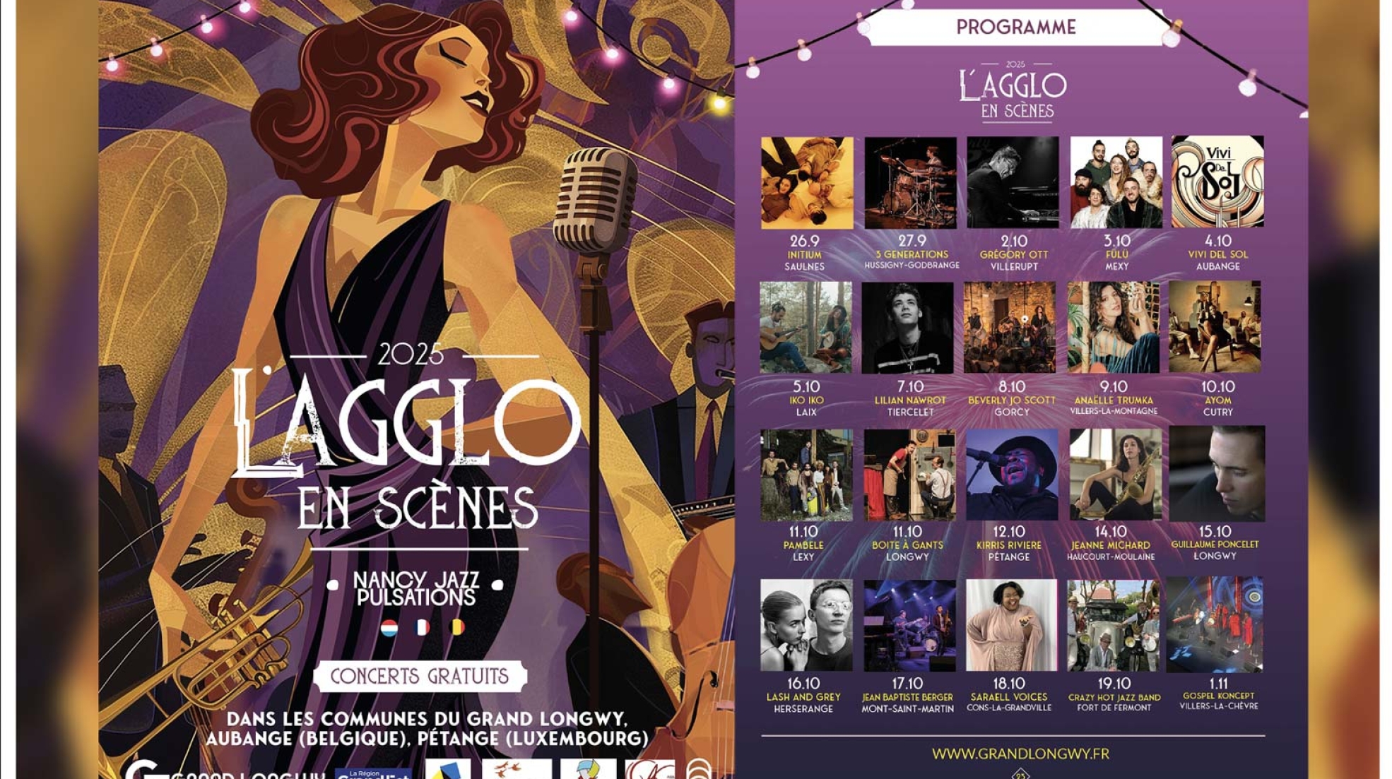 Brochure officielle du festival Agglo en Scènes 2025 à Longwy (Pays-Haut, département 54), conçue par un graphiste professionnel expérimenté du Studio L’Escarboucle basé à Thionville, Metz et Nancy, en partenariat avec Nancy Jazz Pulsations.