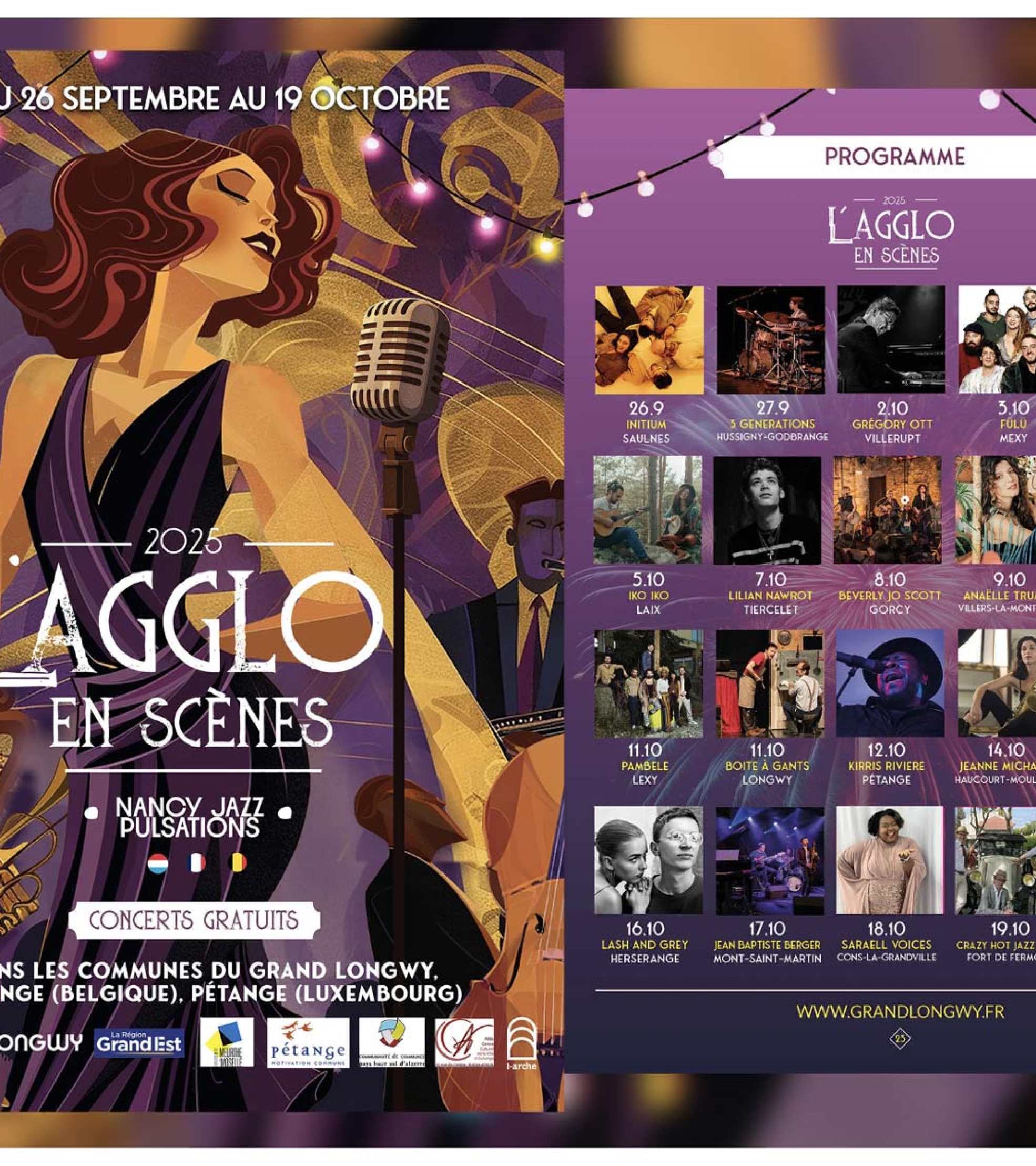 Brochure officielle du festival Agglo en Scènes 2025 à Longwy, conçue par Studio L’Escarboucle Graphiste à Thionville, Metz et Nancy, en partenariat avec Nancy Jazz Pulsations.