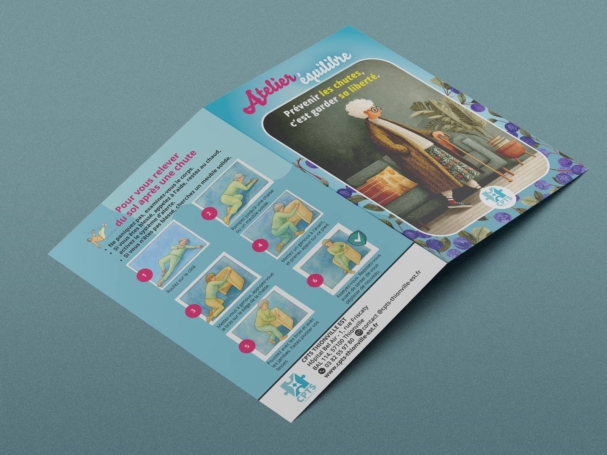 Dépliant "Préventions des chutes chez les seniors" réalisées pour la CPTS Thionville Est. Une réalisation Studio L'escarboucle