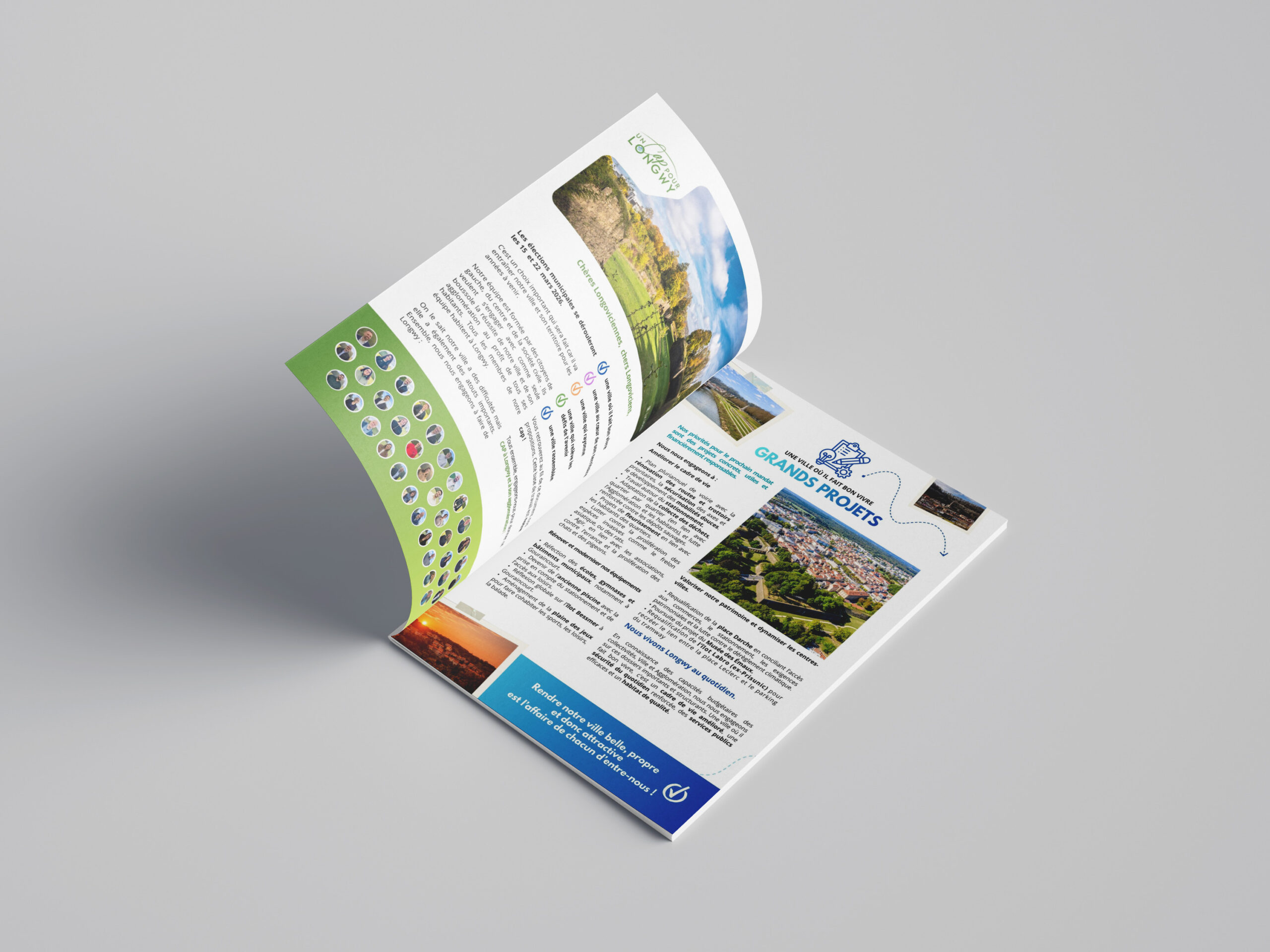 Exemple de communication politique : création et mise en page d’une brochure de campagne municipale réalisée par un graphiste à Thionville, Metz et Longwy.