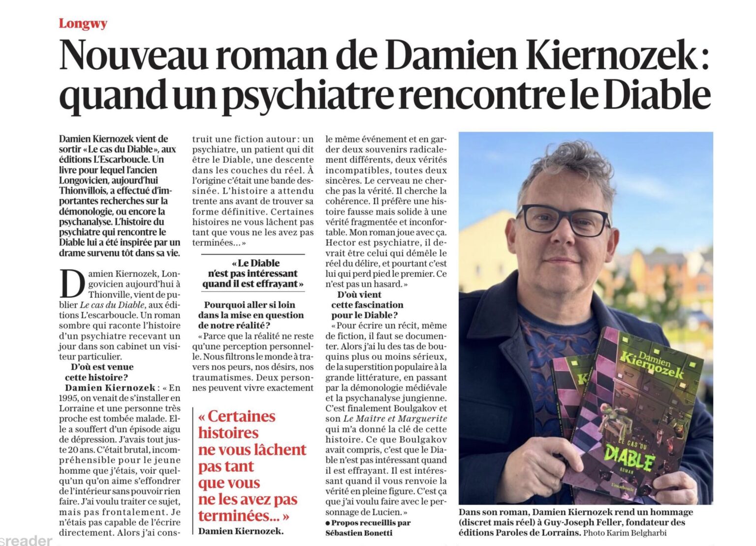 Portrait de Damien Kiernozek présentant son roman Le Cas du Diable, article de presse à Longwy sur un psychiatre confronté au Diable