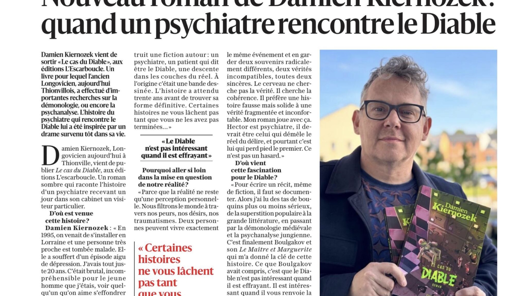 Portrait de Damien Kiernozek présentant son roman Le Cas du Diable, article de presse à Longwy sur un psychiatre confronté au Diable