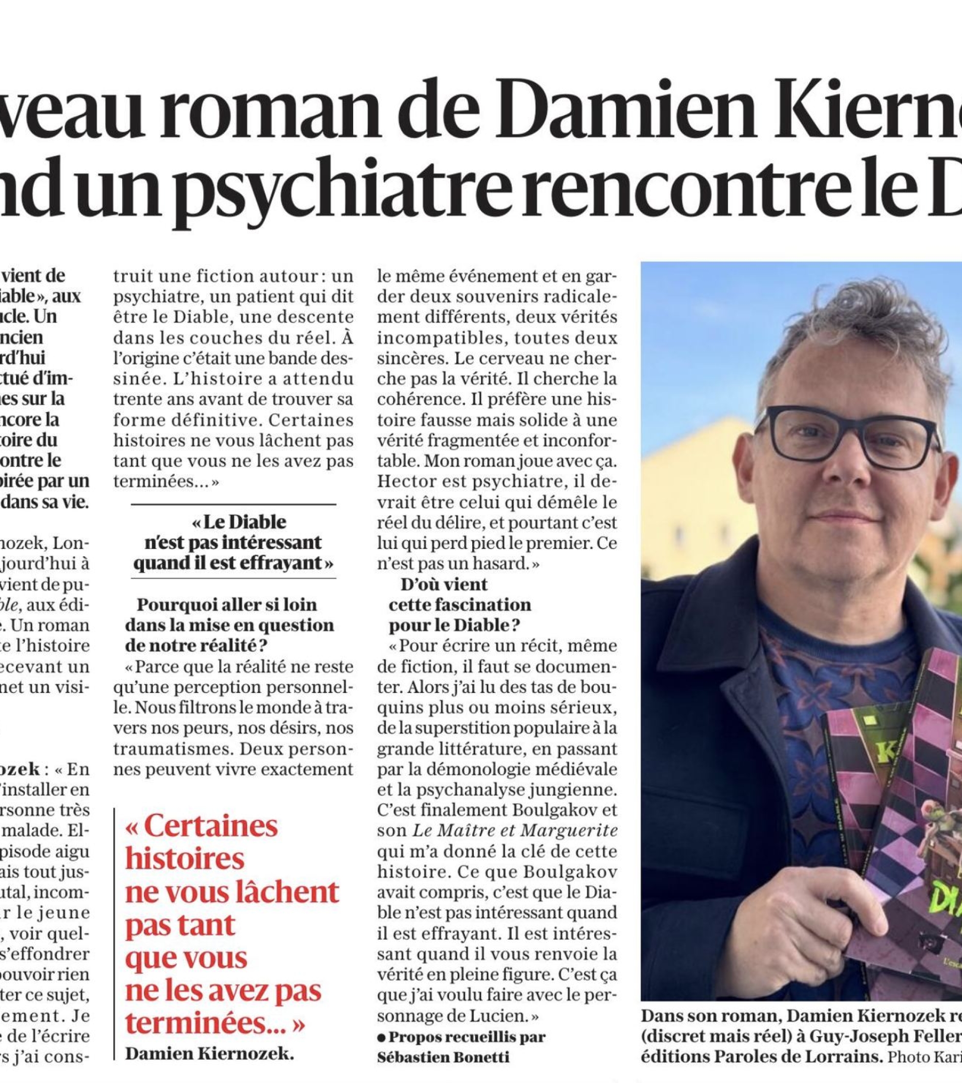 Portrait de Damien Kiernozek présentant son roman Le Cas du Diable, article de presse à Longwy sur un psychiatre confronté au Diable