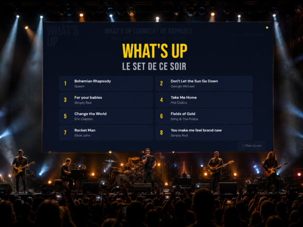 application de vote en ligne concert affichée sur écran géant avec setlist interactive et interface mobile