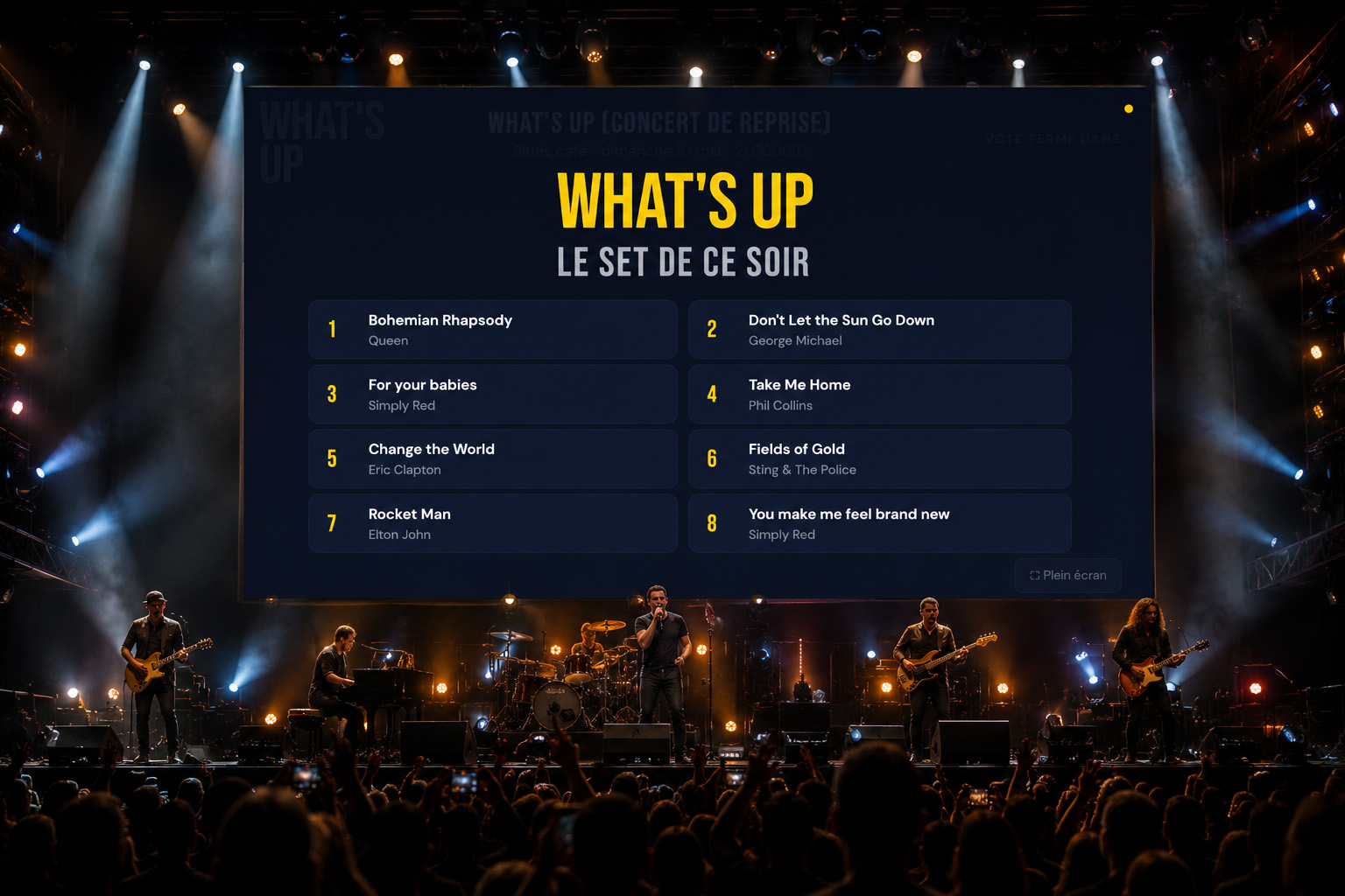 application de vote en ligne concert affichée sur écran géant avec setlist interactive et interface mobile