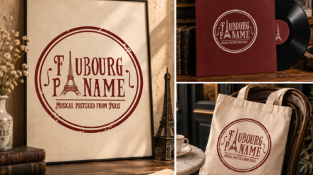 Logo Faubourg Paname au style rétro avec tour Eiffel, présenté sur une affiche encadrée, une pochette de vinyle et un sac en toile.