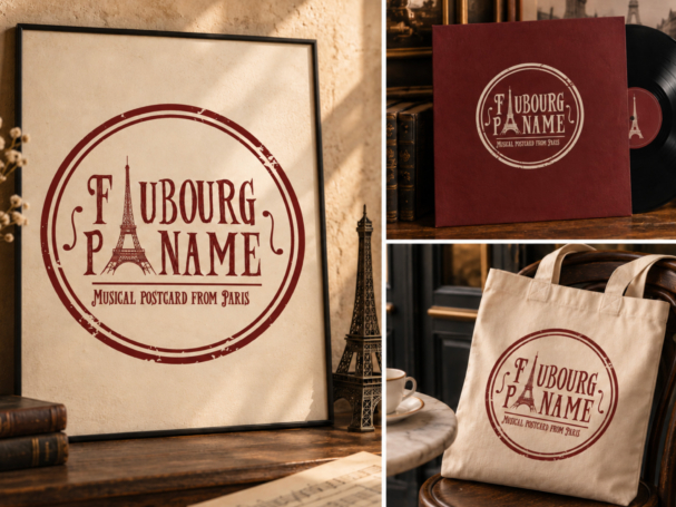 Logo Faubourg Paname au style rétro avec tour Eiffel, présenté sur une affiche encadrée, une pochette de vinyle et un sac en toile.